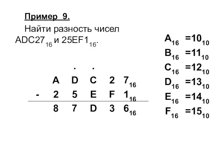 Пример 9. Найти разность чисел ADC2716 и 25EF116.