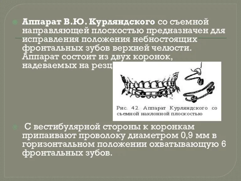 Аппарат В.Ю. Курляндского со съемной направляющей плоскостью предназначен для исправления положения небностоящих