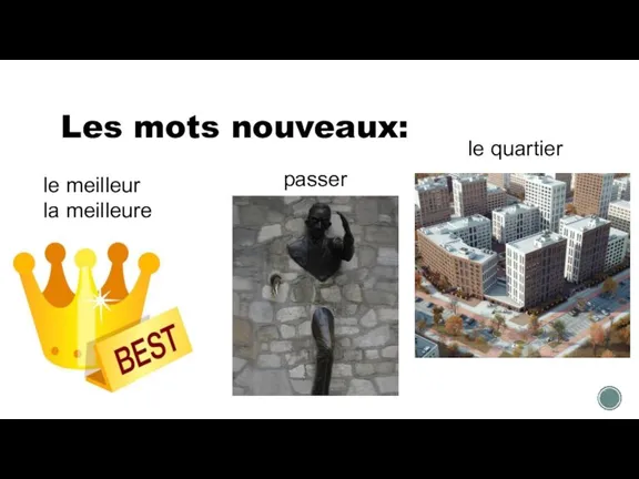 Les mots nouveaux: le meilleur la meilleure passer le quartier