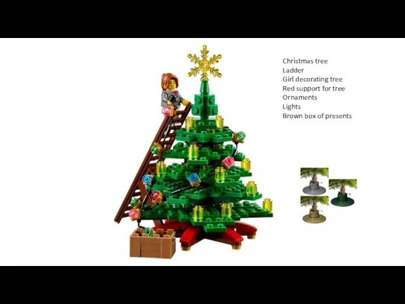 Christmas tree Ladder Girl decorating tree Red support for tree Ornaments Lights Brown box of presents