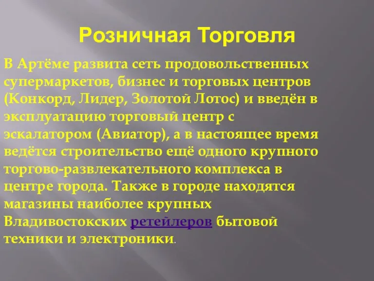 Розничная Торговля В Артёме развита сеть продовольственных супермаркетов, бизнес и торговых центров