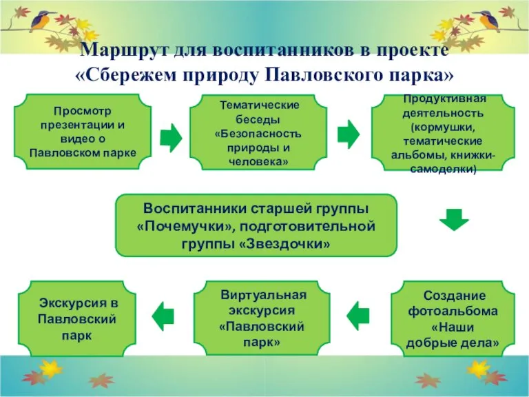 Маршрут для воспитанников в проекте «Сбережем природу Павловского парка» Просмотр презентации и