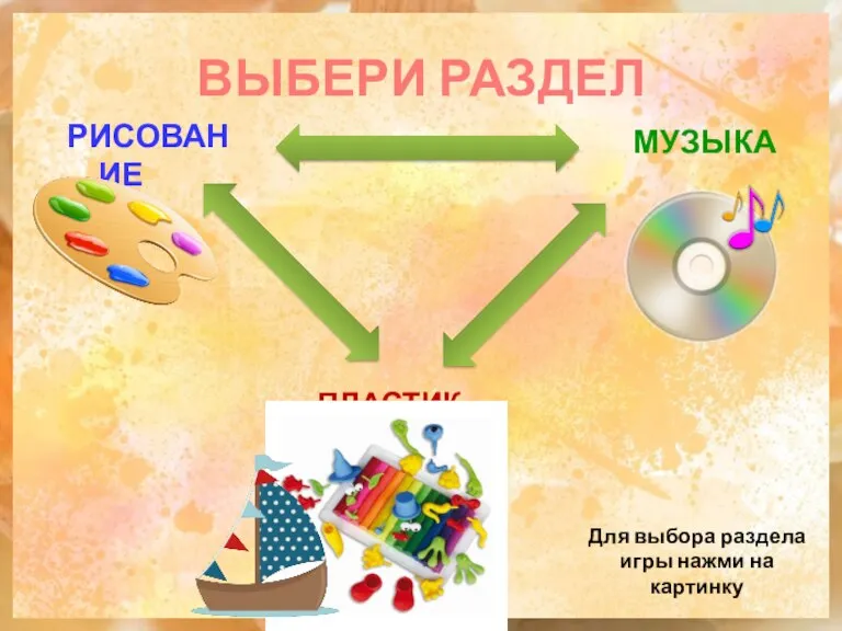 ВЫБЕРИ РАЗДЕЛ РИСОВАНИЕ МУЗЫКА ПЛАСТИКА Для выбора раздела игры нажми на картинку