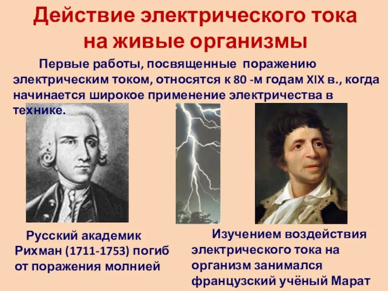Действие электрического тока на живые организмы Русский академик Рихман (1711-1753) погиб от