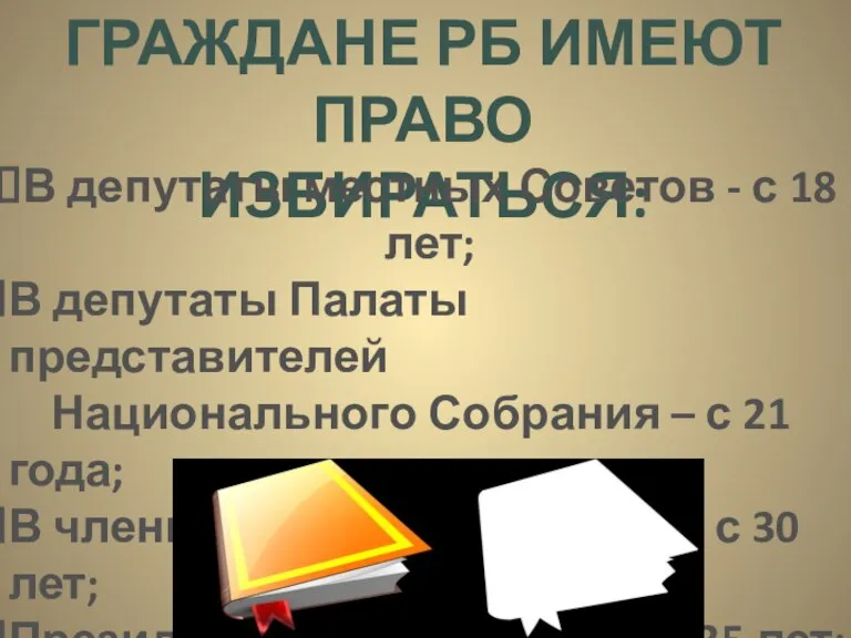 ГРАЖДАНЕ РБ ИМЕЮТ ПРАВО ИЗБИРАТЬСЯ: В депутаты местных Советов - с 18