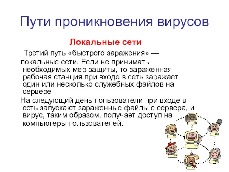 Пути проникновения вирусов Локальные сети Третий путь «быстрого заражения» — локальные сети.