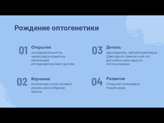 Рождение оптогенетики руководитель лаборатории Карла Дайссерота, заметил кое-что достойное прикладного использования Развитие