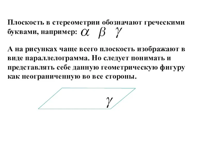 Плоскость в стереометрии обозначают греческими буквами, например: А на рисунках чаще всего