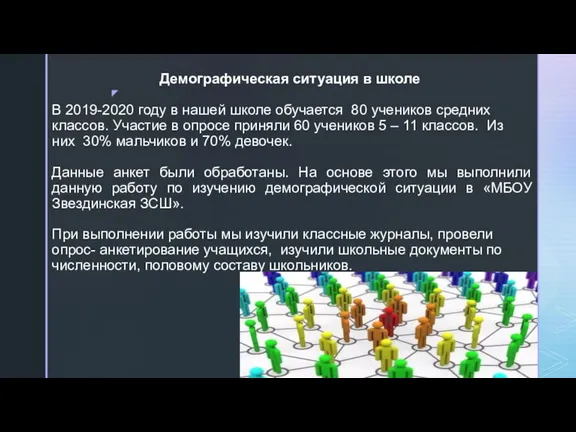 Демографическая ситуация в школе В 2019-2020 году в нашей школе обучается 80