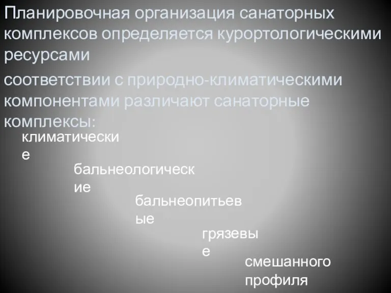 Планировочная организация санаторных комплексов определяется курортологическими ресурсами соответствии с природно-климатическими компонентами различают