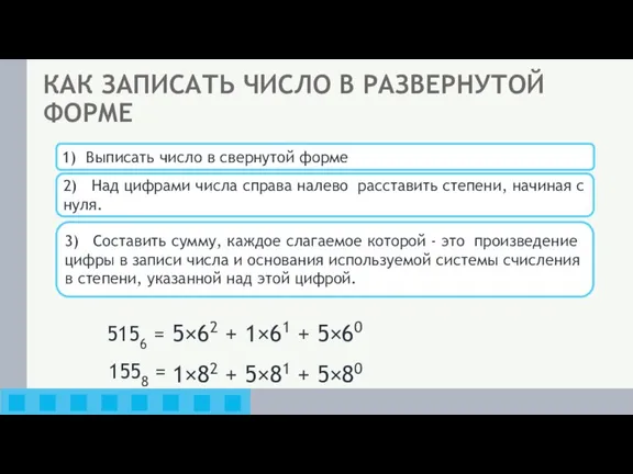 КАК ЗАПИСАТЬ ЧИСЛО В РАЗВЕРНУТОЙ ФОРМЕ 1) Выписать число в свернутой форме