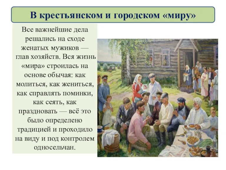 Все важнейшие дела решались на сходе женатых мужиков — глав хозяйств. Вся