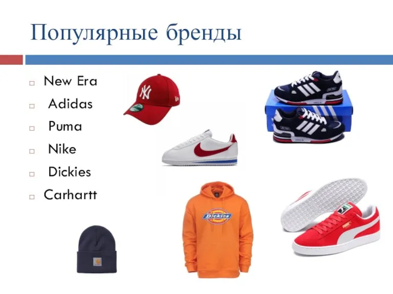 Популярные бренды New Era Adidas Puma Nike Dickies Carhartt