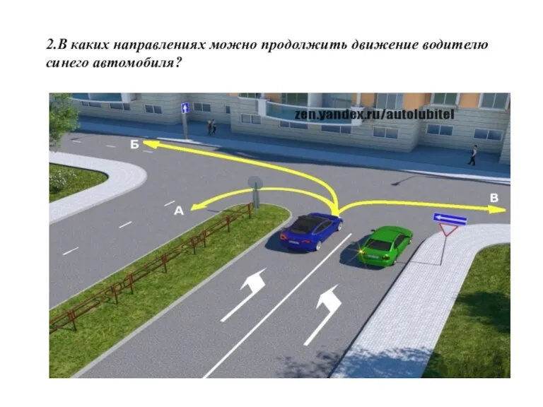 2.В каких направлениях можно продолжить движение водителю синего автомобиля?