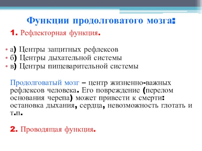 Функции продолговатого мозга: 1. Рефлекторная функция. а) Центры защитных рефлексов б) Центры