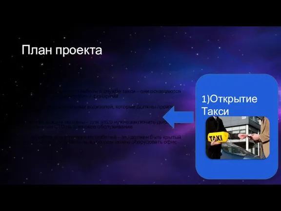 План проекта 1)Открытие Такси оборудования машин для работы в службе такси –