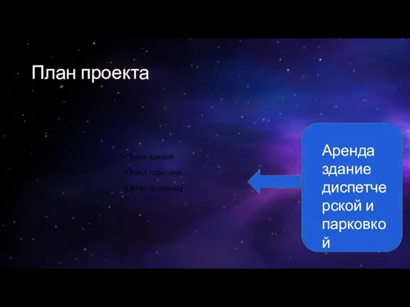 План проекта Поиск здания Поиск парковки Цены на аренду Аренда здание диспетчерской и парковкой