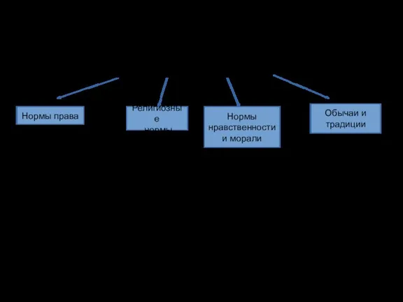 Социальные нормы Нормы права Религиозные нормы Нормы нравственности и морали Обычаи и традиции