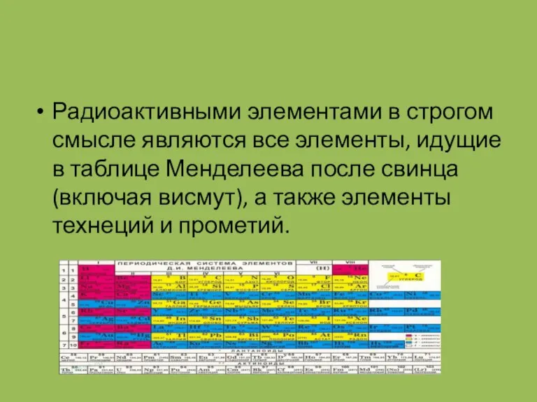 Радиоактивными элементами в строгом смысле являются все элементы, идущие в таблице Менделеева