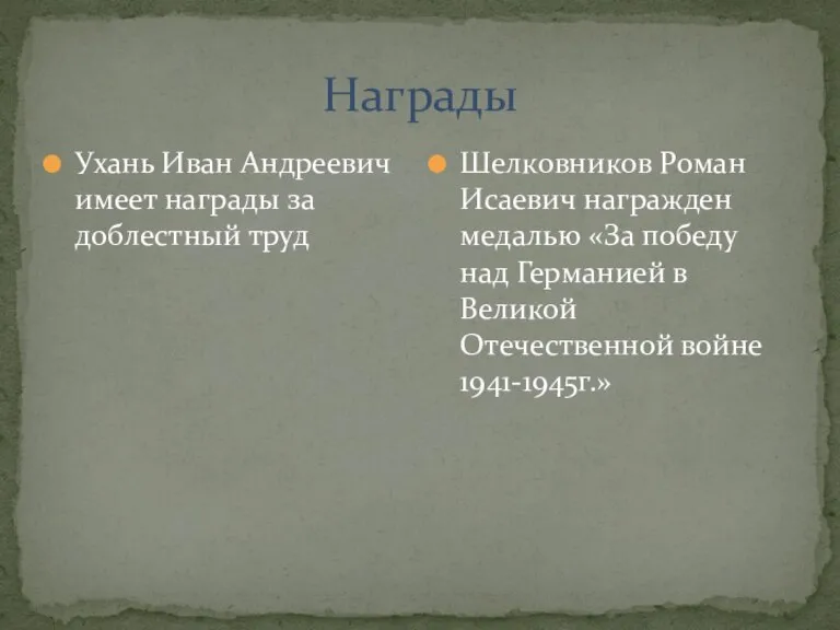 Награды Ухань Иван Андреевич имеет награды за доблестный труд Шелковников Роман Исаевич