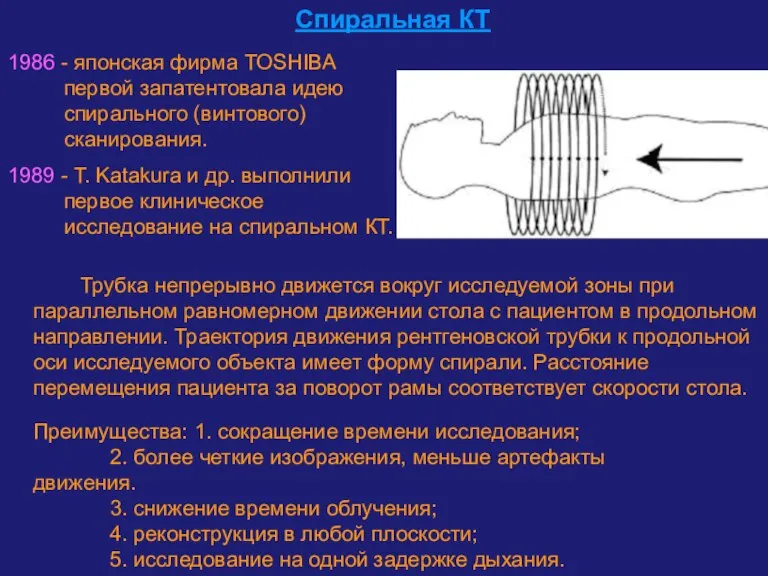 Спиральная КТ 1986 - японская фирма TOSHIBA первой запатентовала идею спирального (винтового)
