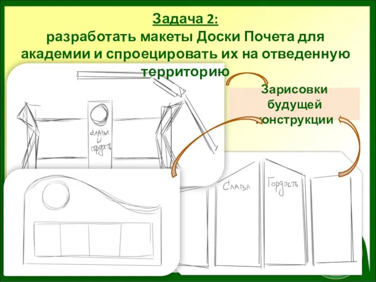 Зарисовки будущей конструкции Задача 2: разработать макеты Доски Почета для академии и