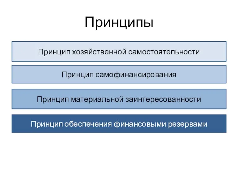 Принципы Принцип хозяйственной самостоятельности Принцип самофинансирования Принцип материальной заинтересованности Принцип обеспечения финансовыми резервами