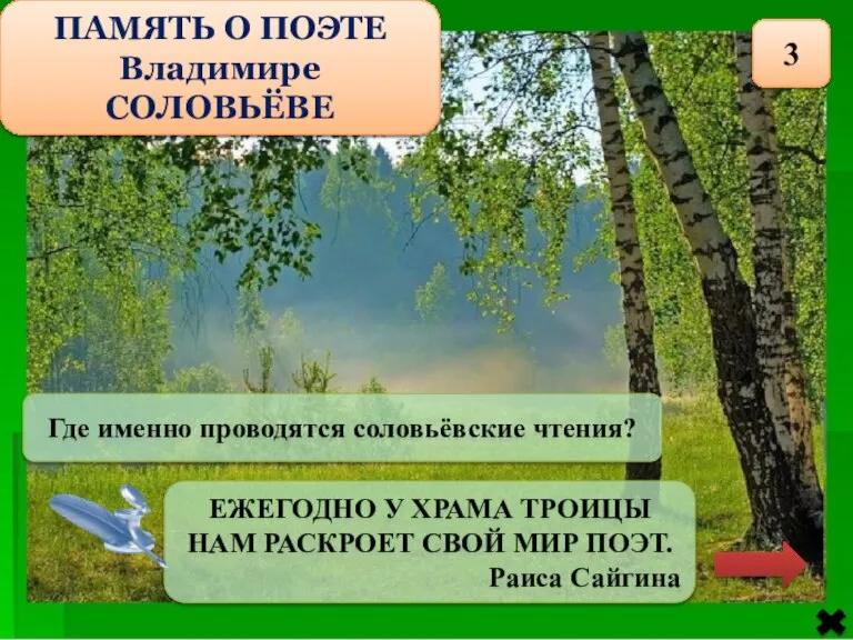 ПАМЯТЬ О ПОЭТЕ Владимире СОЛОВЬЁВЕ 3 Где именно проводятся соловьёвские чтения? ЕЖЕГОДНО