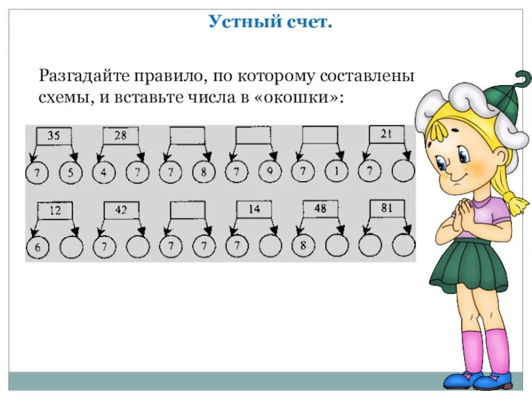 Разгадайте правило, по которому составлены схемы, и вставьте числа в «окошки»: Устный счет.