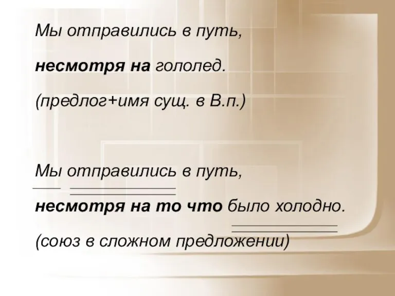 Мы отправились в путь, несмотря на гололед. (предлог+имя сущ. в В.п.) Мы