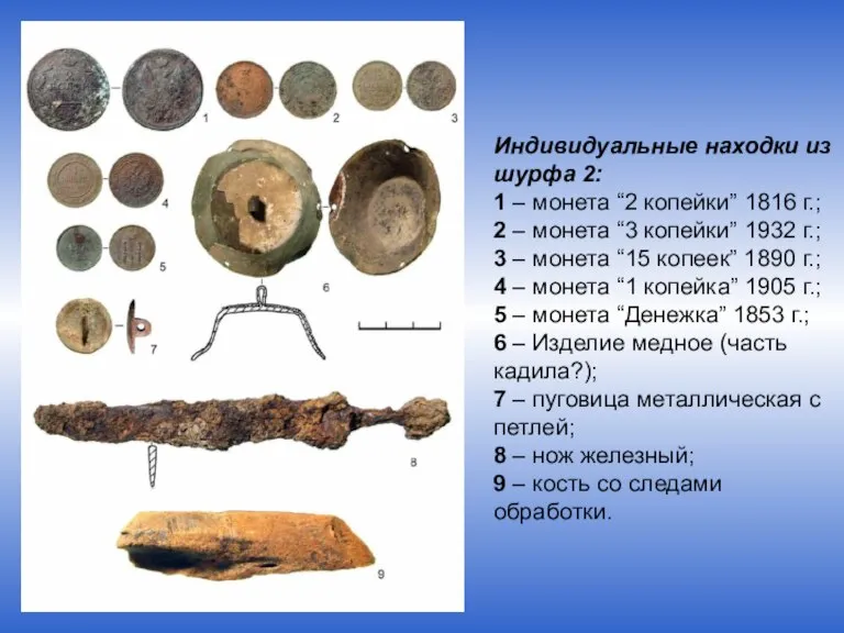 Индивидуальные находки из шурфа 2: 1 – монета “2 копейки” 1816 г.;