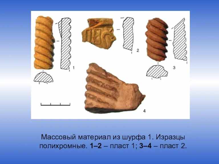 Массовый материал из шурфа 1. Изразцы полихромные. 1–2 – пласт 1; 3–4 – пласт 2.