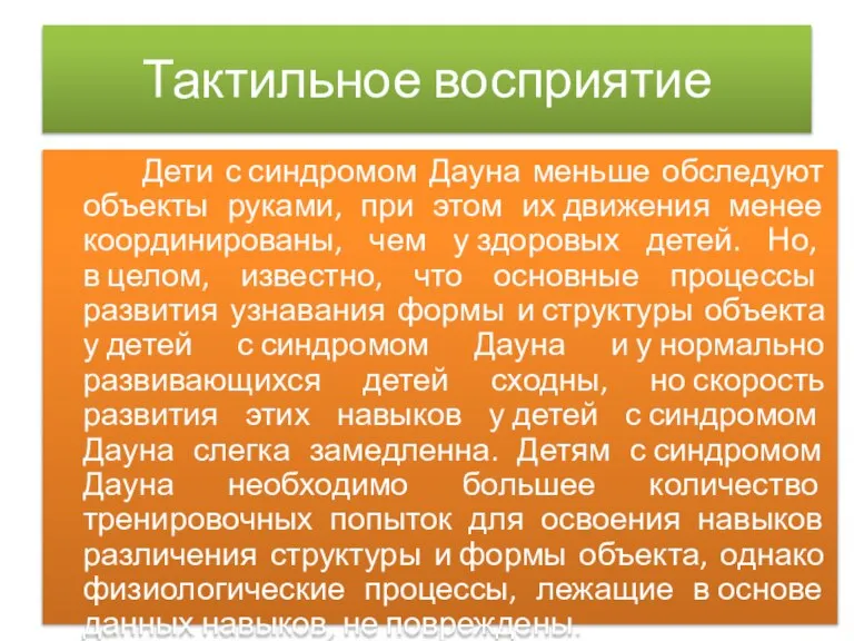 Тактильное восприятие Дети с синдромом Дауна меньше обследуют объекты руками, при этом