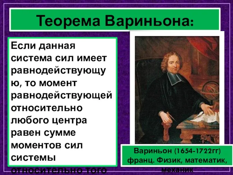 Теорема Вариньона: Вариньон (1654-1722гг) франц. Физик, математик, механик Если данная система сил