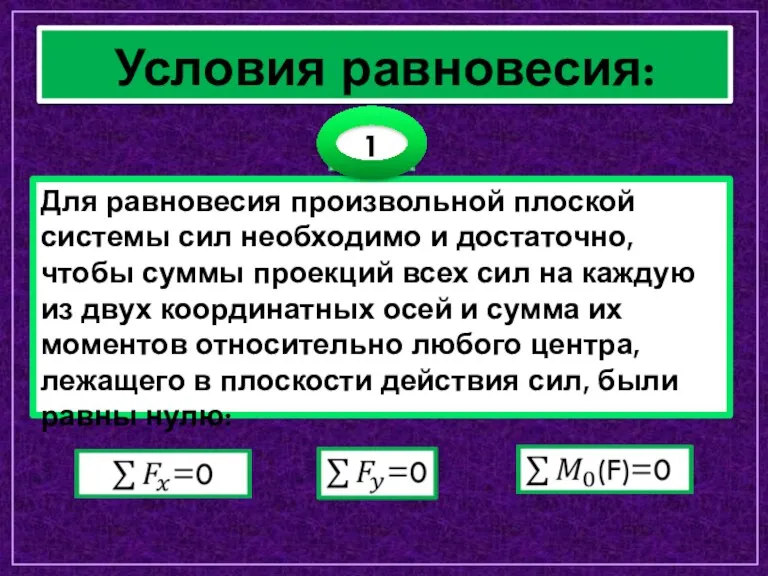Условия равновесия: Для равновесия произвольной плоской системы сил необходимо и достаточно, чтобы