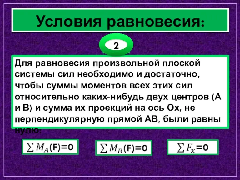 Для равновесия произвольной плоской системы сил необходимо и достаточно, чтобы суммы моментов