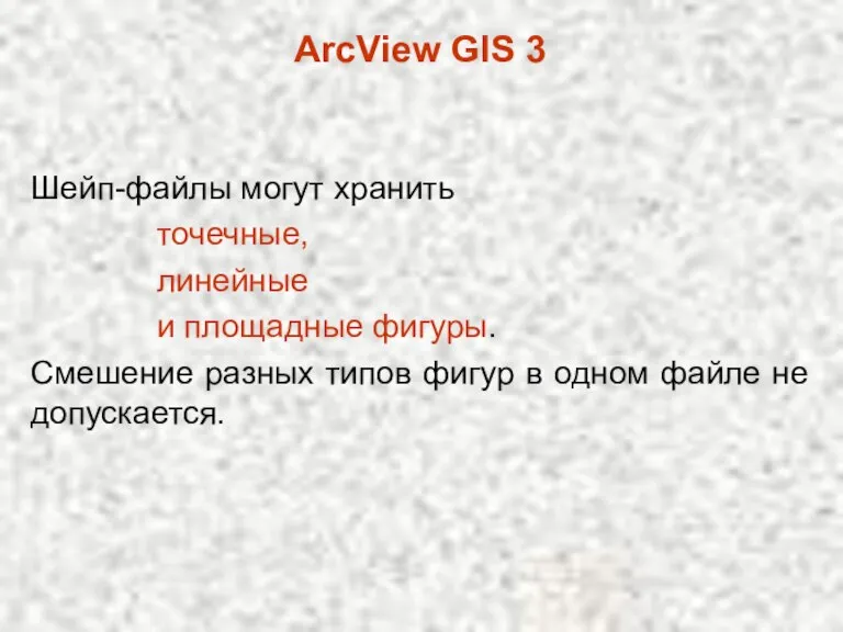 ArcView GIS 3 Шейп-файлы могут хранить точечные, линейные и площадные фигуры. Смешение