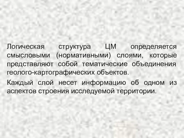 Логическая структура ЦМ определяется смысловыми (нормативными) слоями, которые представляют собой тематические объединения