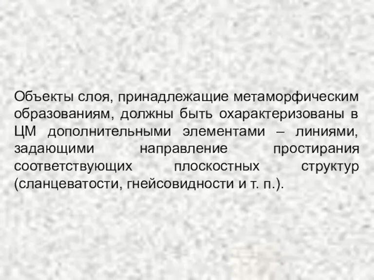 Объекты слоя, принадлежащие метаморфическим образованиям, должны быть охарактеризованы в ЦМ дополнительными элементами