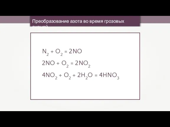 Преобразование азота во время грозовых ливней N2 + O2 = 2NO 2NO