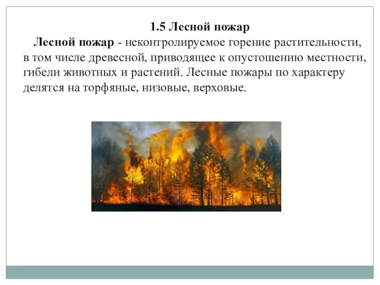 1.5 Лесной пожар Лесной пожар - неконтролируемое горение растительности, в том числе