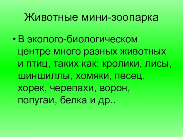 Животные мини-зоопарка В эколого-биологическом центре много разных животных и птиц, таких как: