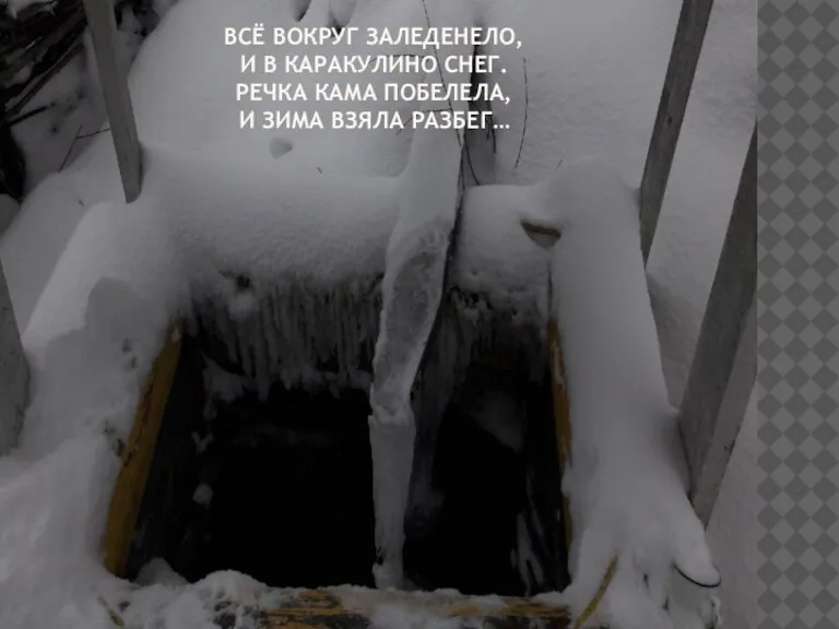 ВСЁ ВОКРУГ ЗАЛЕДЕНЕЛО, И В КАРАКУЛИНО СНЕГ. РЕЧКА КАМА ПОБЕЛЕЛА, И ЗИМА ВЗЯЛА РАЗБЕГ…