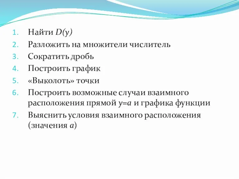 Найти D(y) Разложить на множители числитель Сократить дробь Построить график «Выколоть» точки