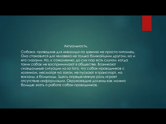 Актуальность. Собака- проводник для инвалида по зрению не просто питомец. Она становится