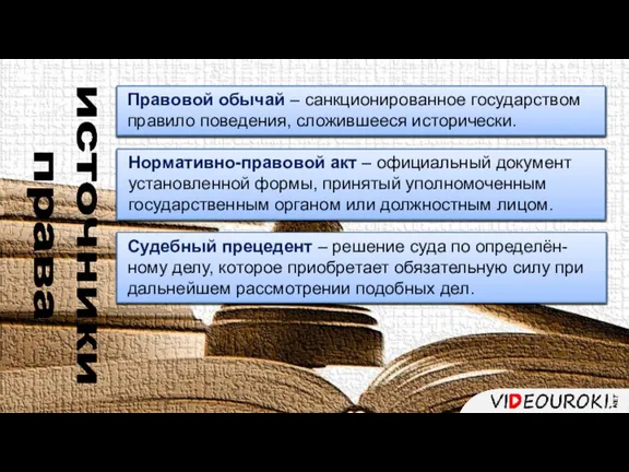 источники права Правовой обычай – санкционированное государством правило поведения, сложившееся исторически. Нормативно-правовой