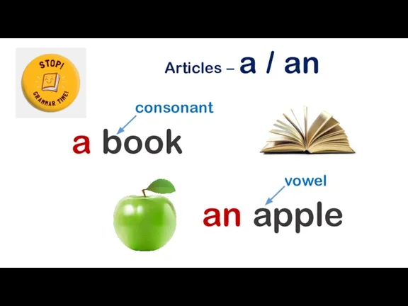 Articles – a / an a book consonant an apple vowel