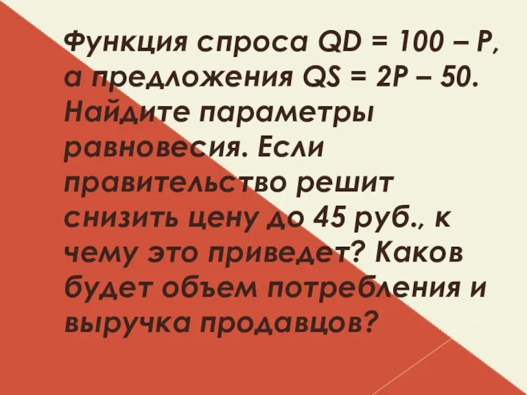 Функция спроса QD = 100 – P, а предложения QS = 2P