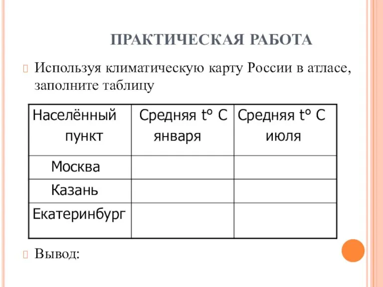 ПРАКТИЧЕСКАЯ РАБОТА Используя климатическую карту России в атласе, заполните таблицу Вывод: