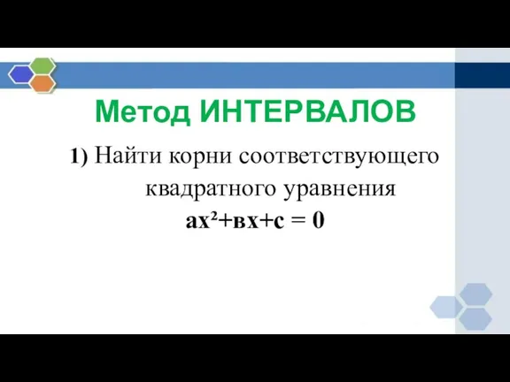 Метод ИНТЕРВАЛОВ 1) Найти корни соответствующего квадратного уравнения ах²+вх+с = 0